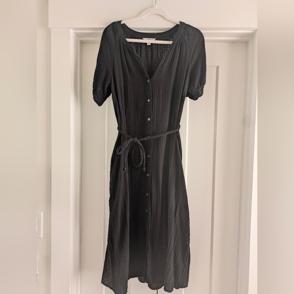 Time and Tru Cotton Black Midi Dress with Button Front cotton gauze